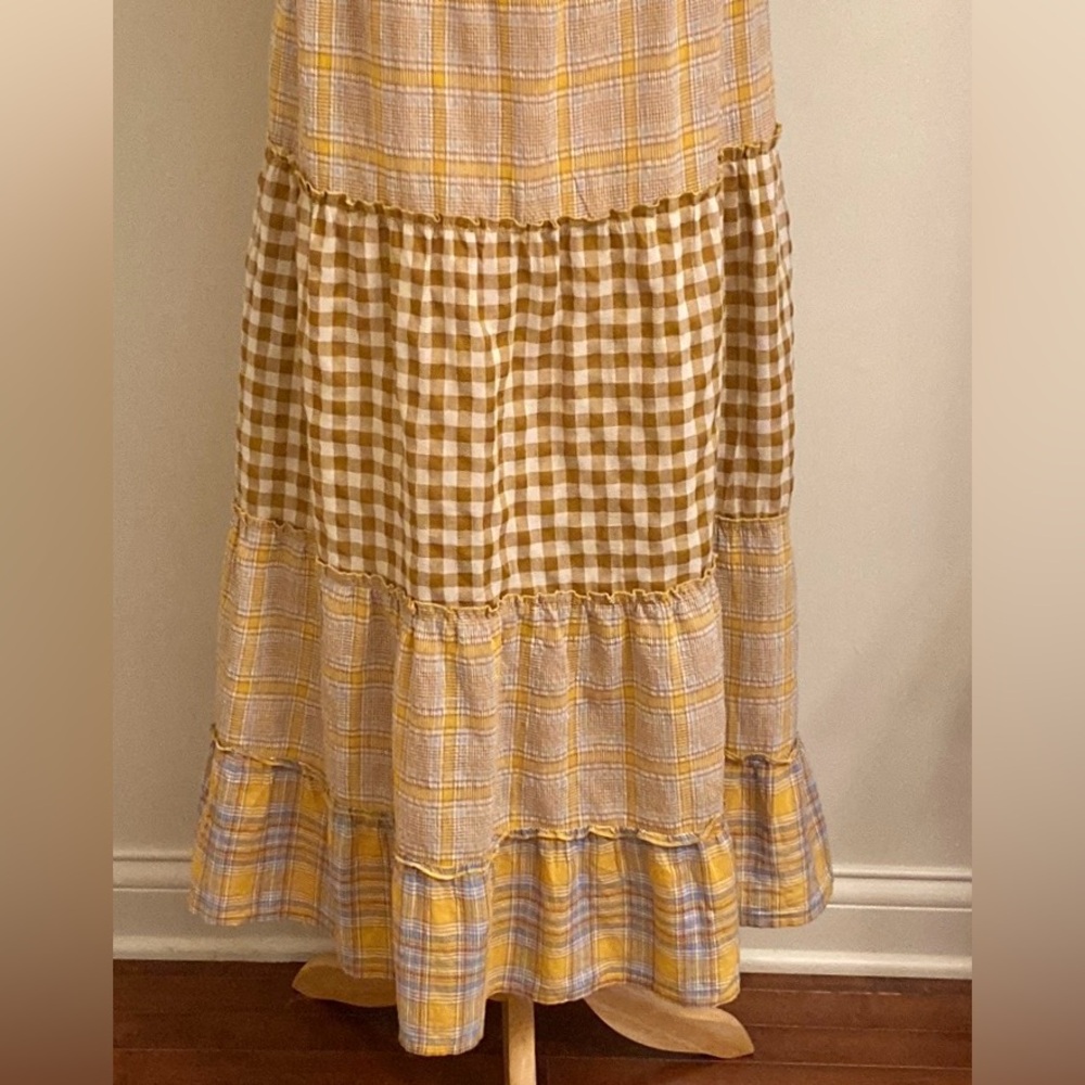 Easel Brown Yellow Blue Plaid Gingham S Country Garden Picnic Cottagecore Dress - Picture 3 of 13